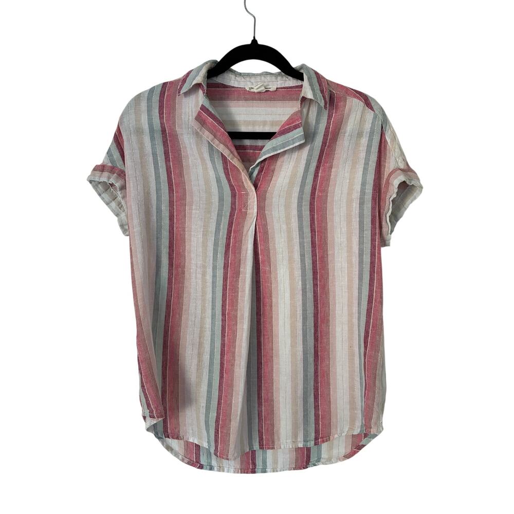 Beach Lunch Lounge Linen Blend Striped Multicolor Short Sleeve Size XS